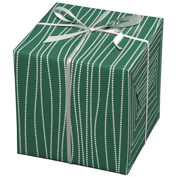 Julepapir 10 meter rull, 57 cm bred – grønt papir med hvite prikker i striper