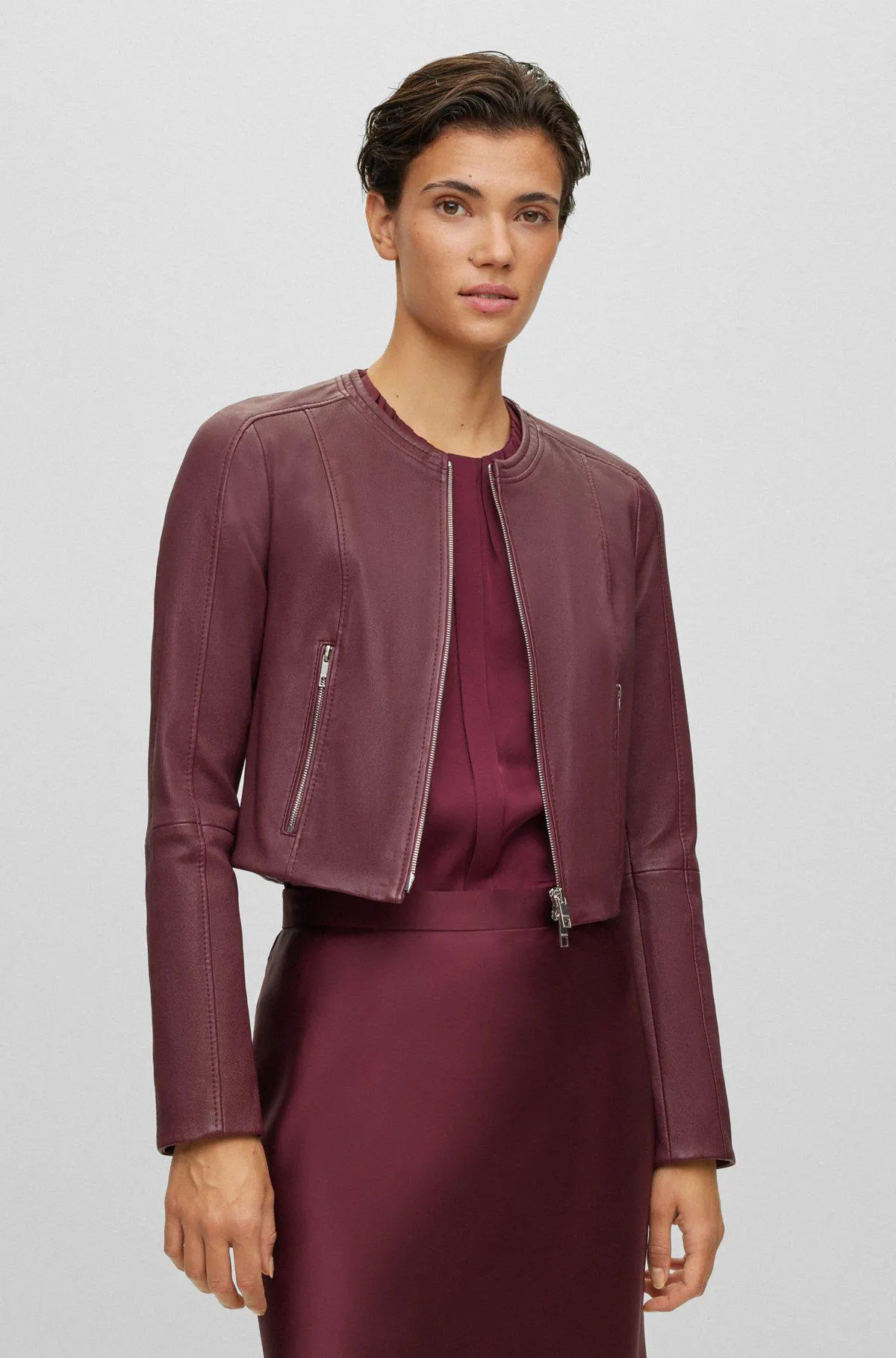 Collarless slim-fit jacket in rich leather