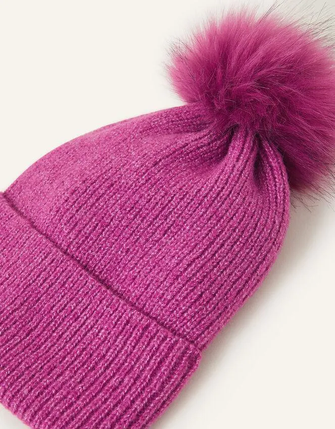 Knit Pom-Pom Beanie Purple