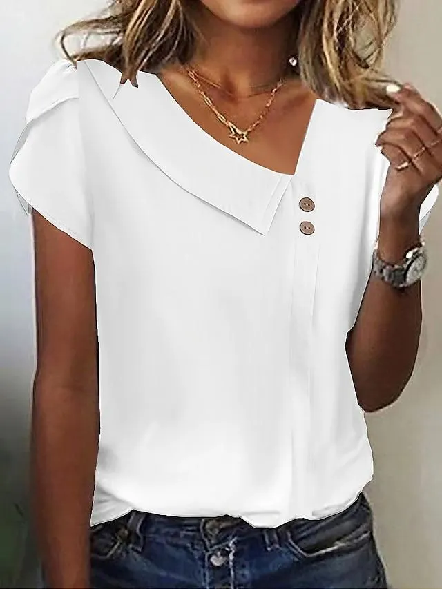 Women's Shirt Blouse Plain Casual Elegant Vintage Fashion Short Sleeve V Neck White