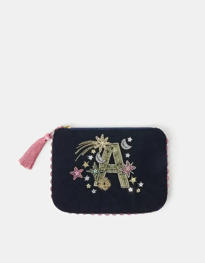 Embellished Initial Velvet Pouch Blue