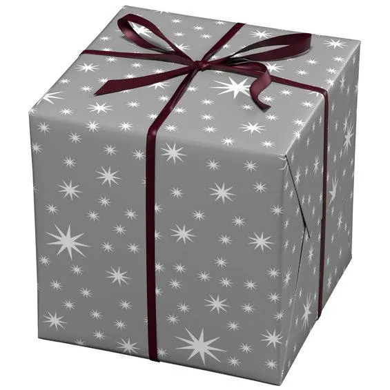 Julepapir 10 meter rull, 57 cm bred – sølvfarget papir med hvite stjerner