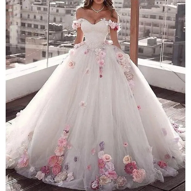 Engagement Formal Wedding Dresses Ball Gown Off Shoulder Cap Sleeve Court Train Satin Bridal Gowns With Appliques Summer Fall Wedding Party 2023, Women's Clothing