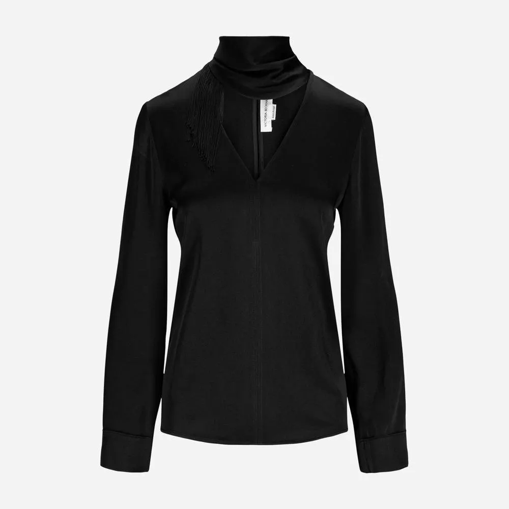Satin V-Neck Fringe Top - Black