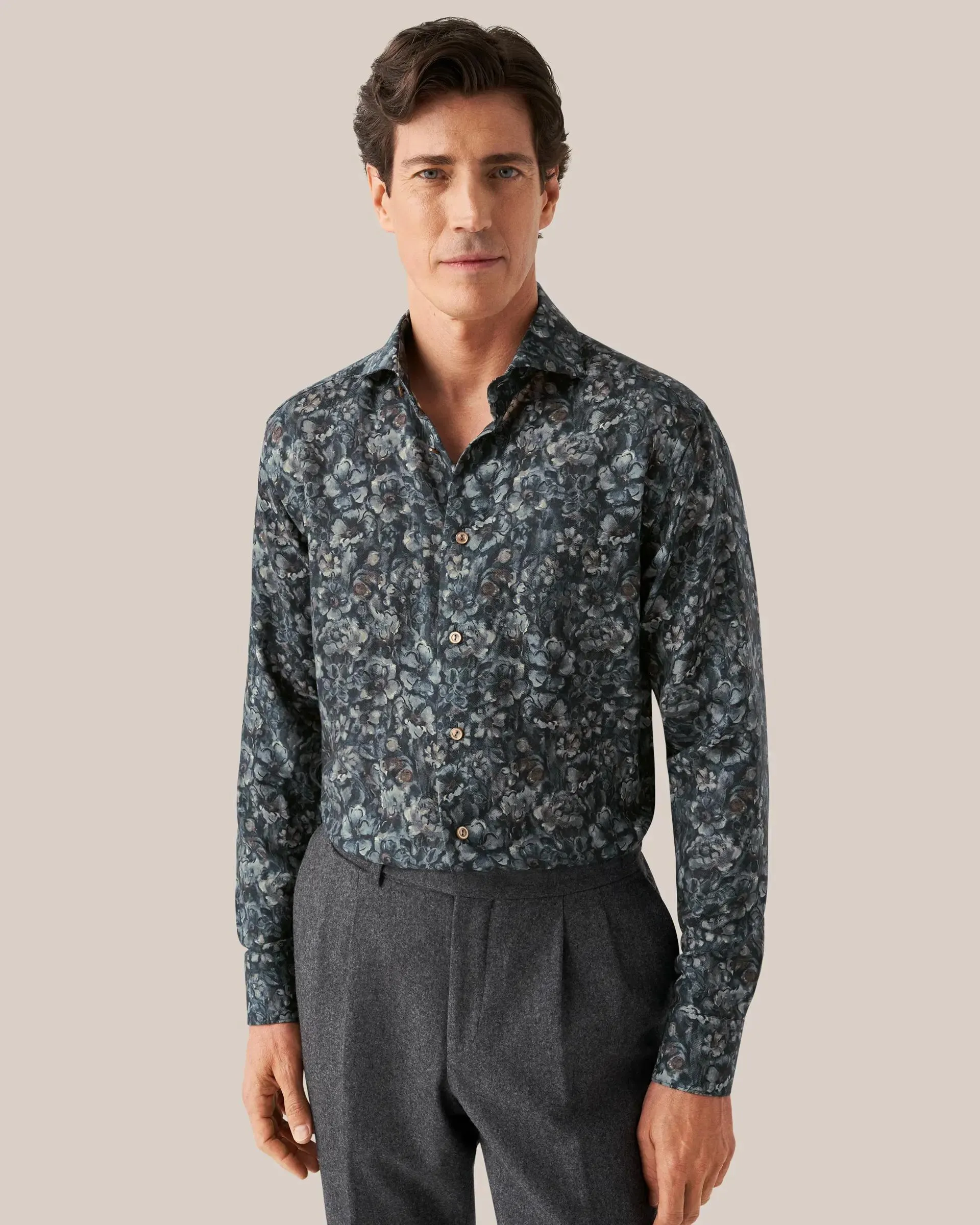Navy Floral Print Merino Wool Shirt