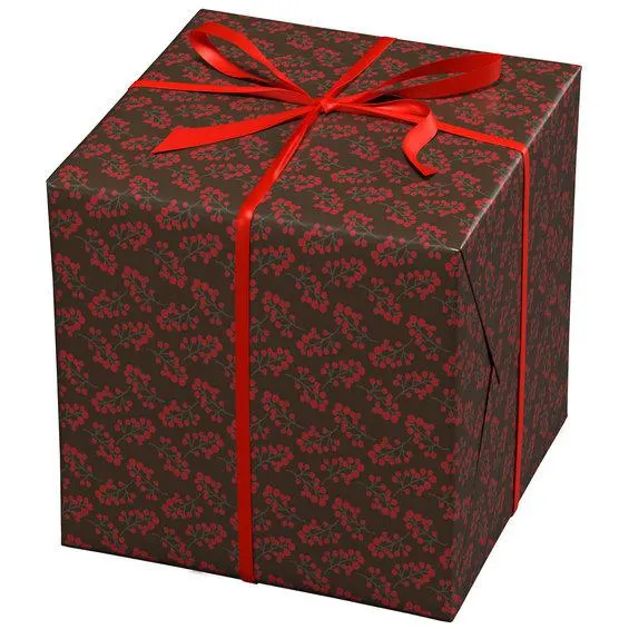 Julepapir 10 meter rull, 57 cm bred – mørkerødt papir med røde bær