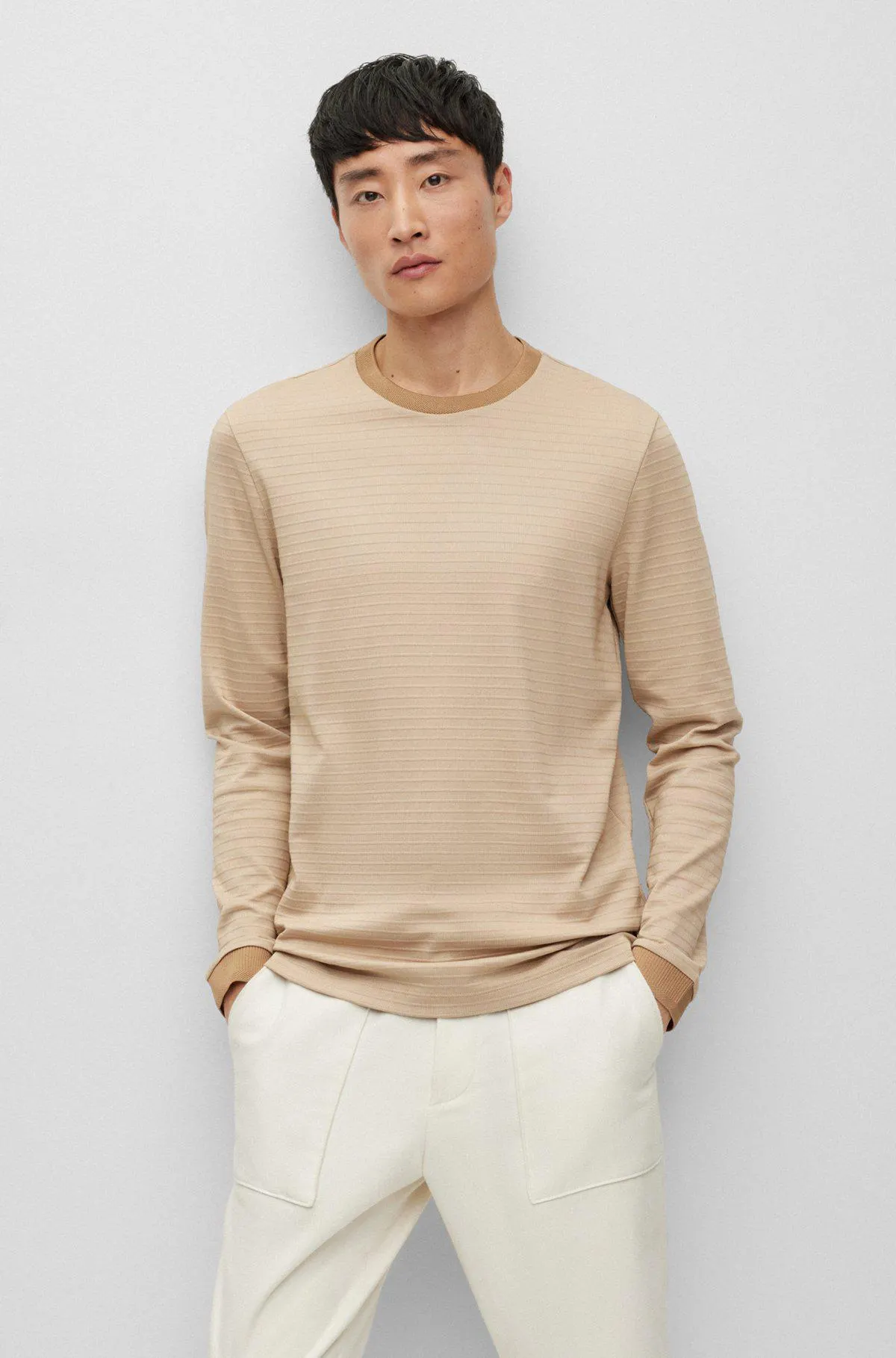 Long-sleeved cotton-blend T-shirt with ottoman structure