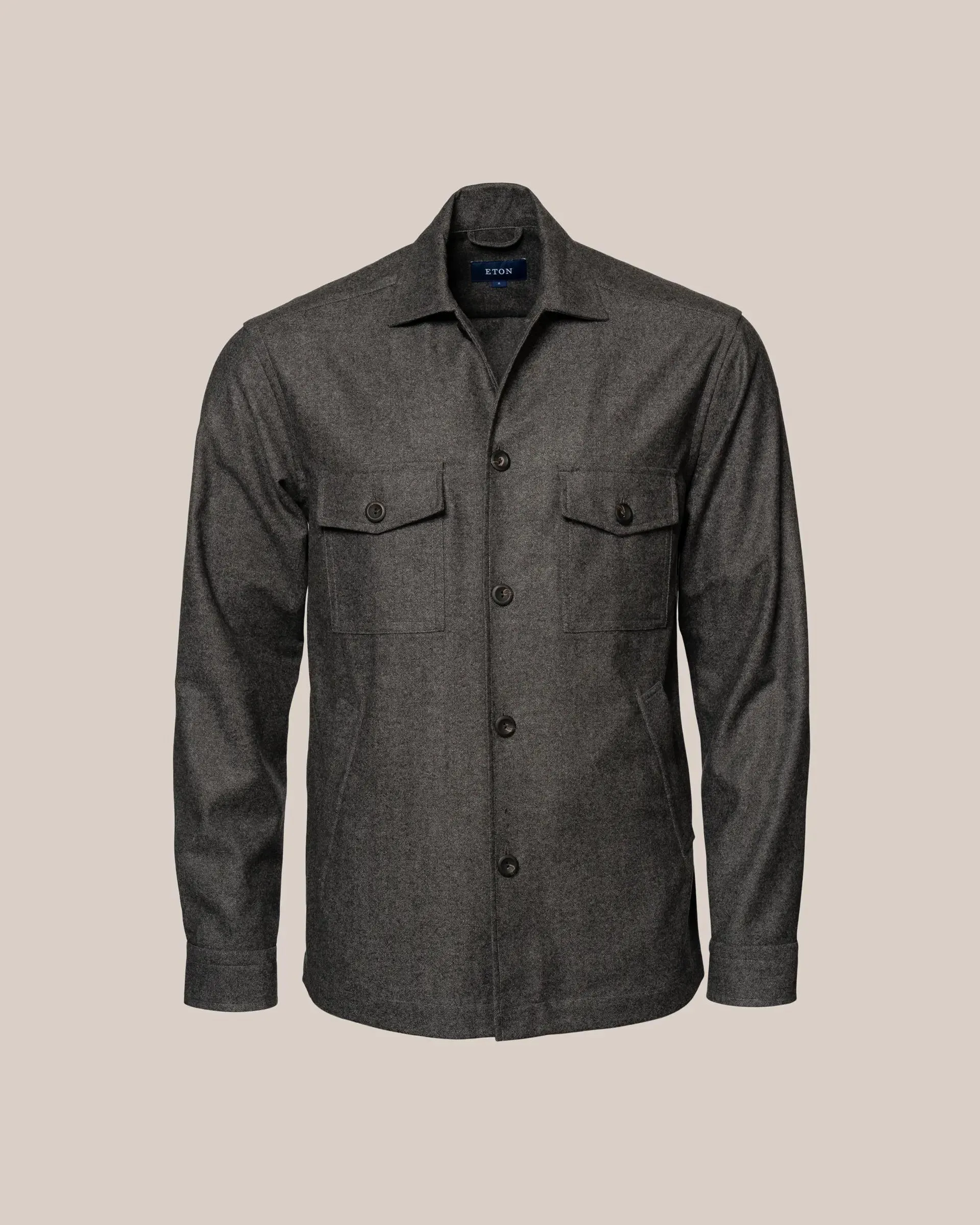 Dark Gray Herringbone Wool-Cashmere Flannel Overshirt