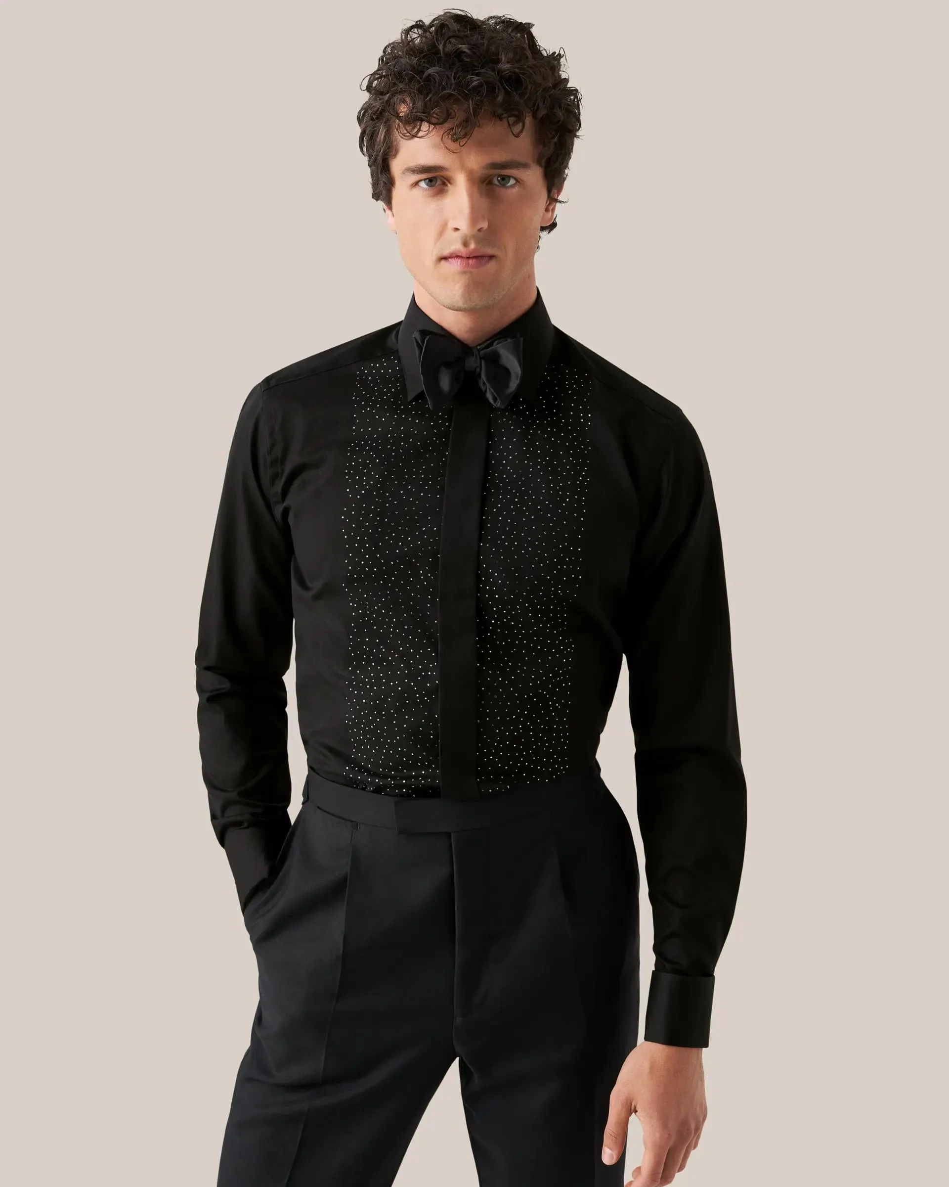 Black Signature Twill Tuxedo Shirt with Swarovski® Crystals