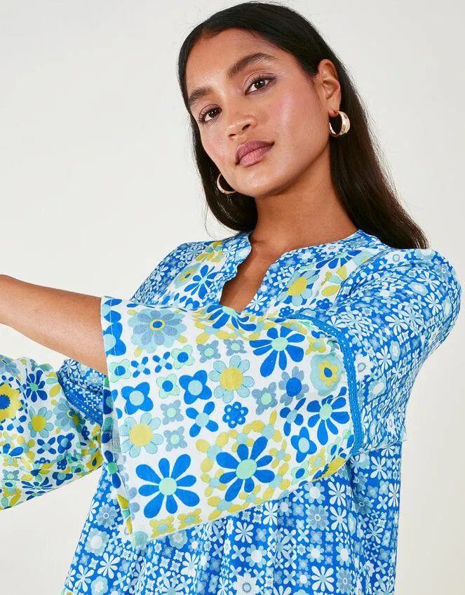Retro Tile Print Dress Blue