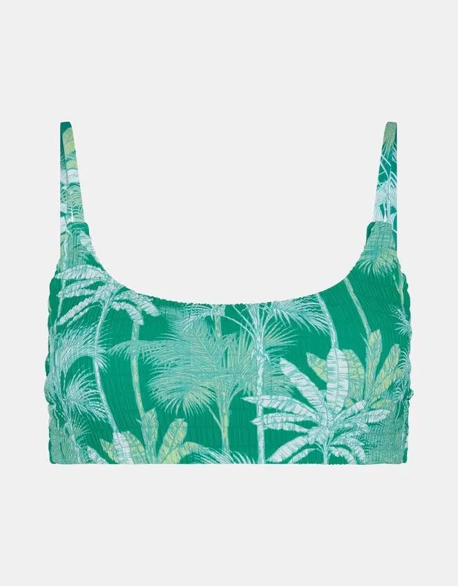 Palm Print Smocked Bralette Bikini Top Green