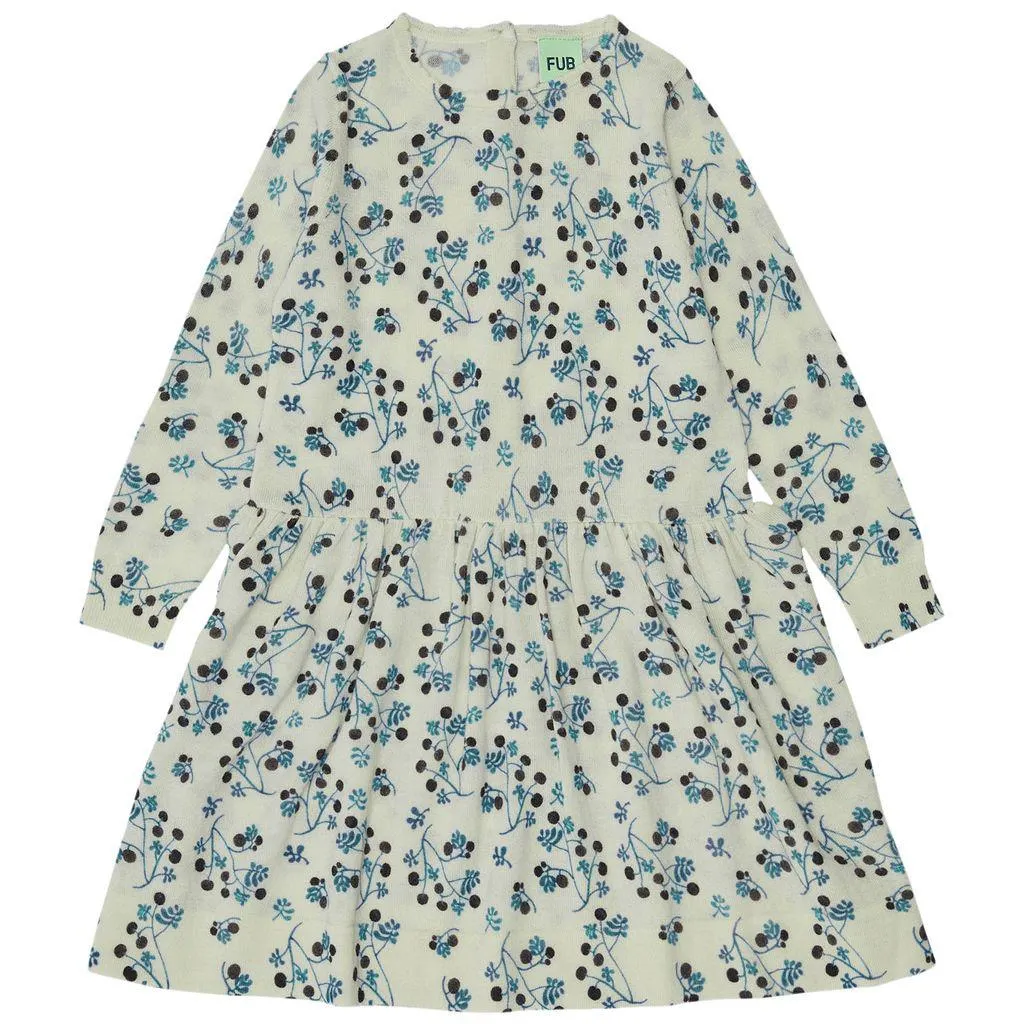 Strikket Blomstret Kjole Ecru/Royal Blue