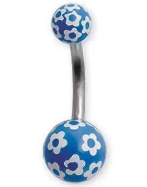 Navlepiercing med Blå Kuler & Hvite Blomster