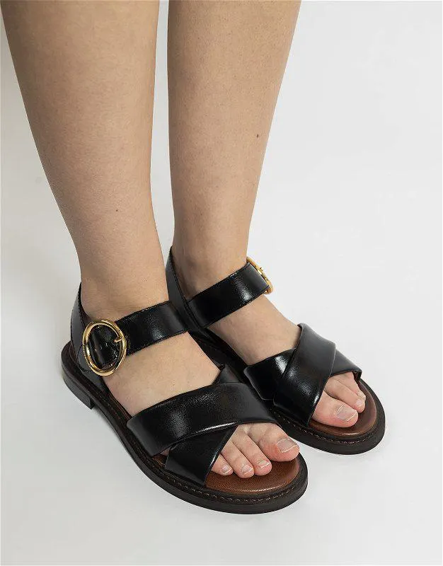 Calf Lyna Flat Sandal Nero