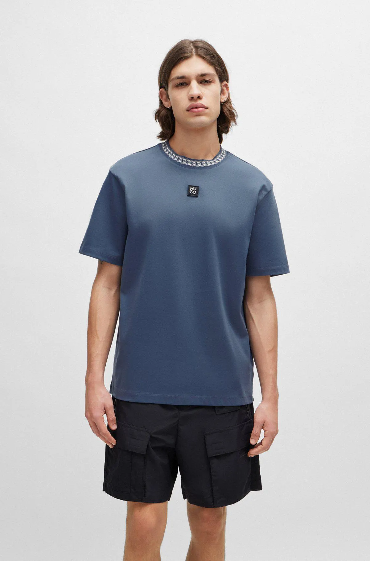 Interlock-cotton T-shirt with chain-print collar