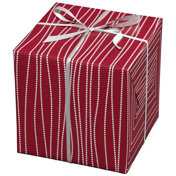 Julepapir 10 meter rull, 57 cm bred – rødt papir med hvite prikker i striper