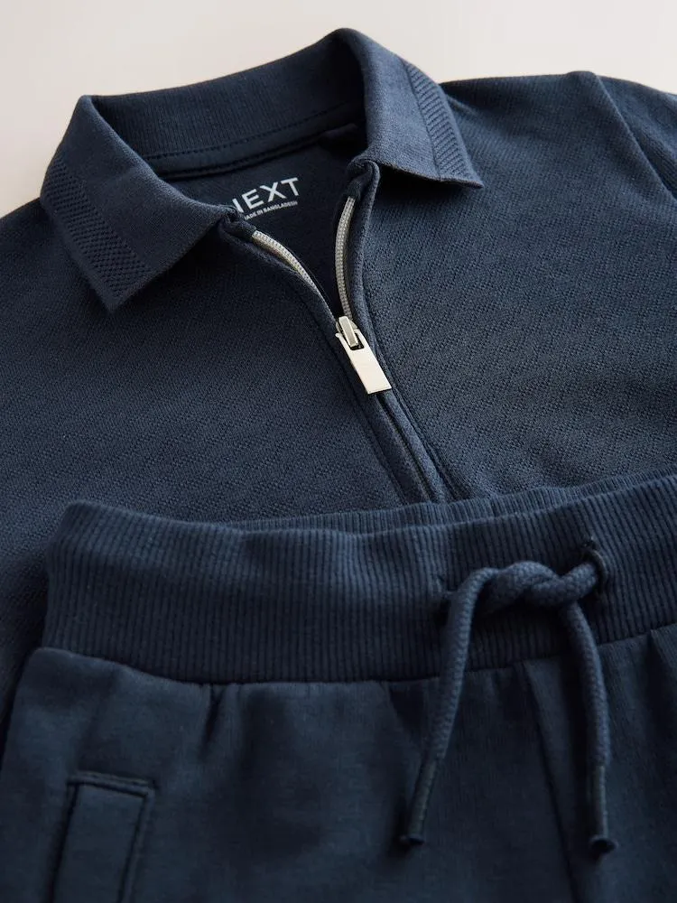 Navy Textured Short Sleeve Polo Shirt And Shorts Set (3mths-7yrs)