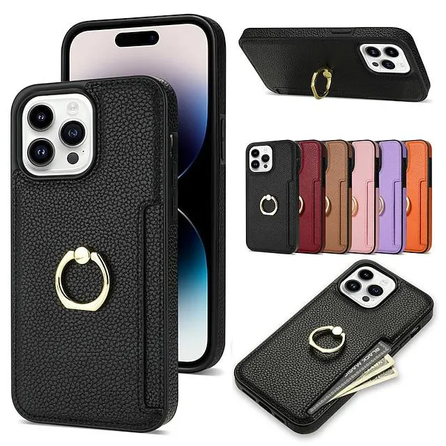 telefon Etui Til iPhone 15 Pro Max Plus 14 13 12 11 X XR XS 8 7 Bakdeksel Ringholder Spor for kortholder Støtte PU lær