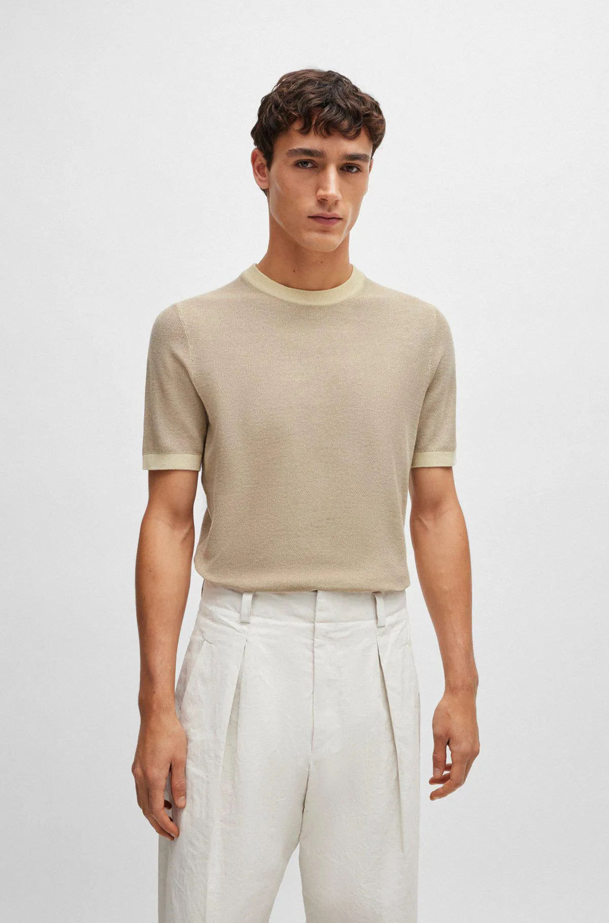 Short-sleeved cotton-blend sweater with micro structure