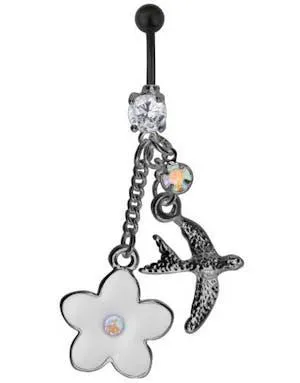 Pen Svart Navlepiercing med Hengende Blomst & Due