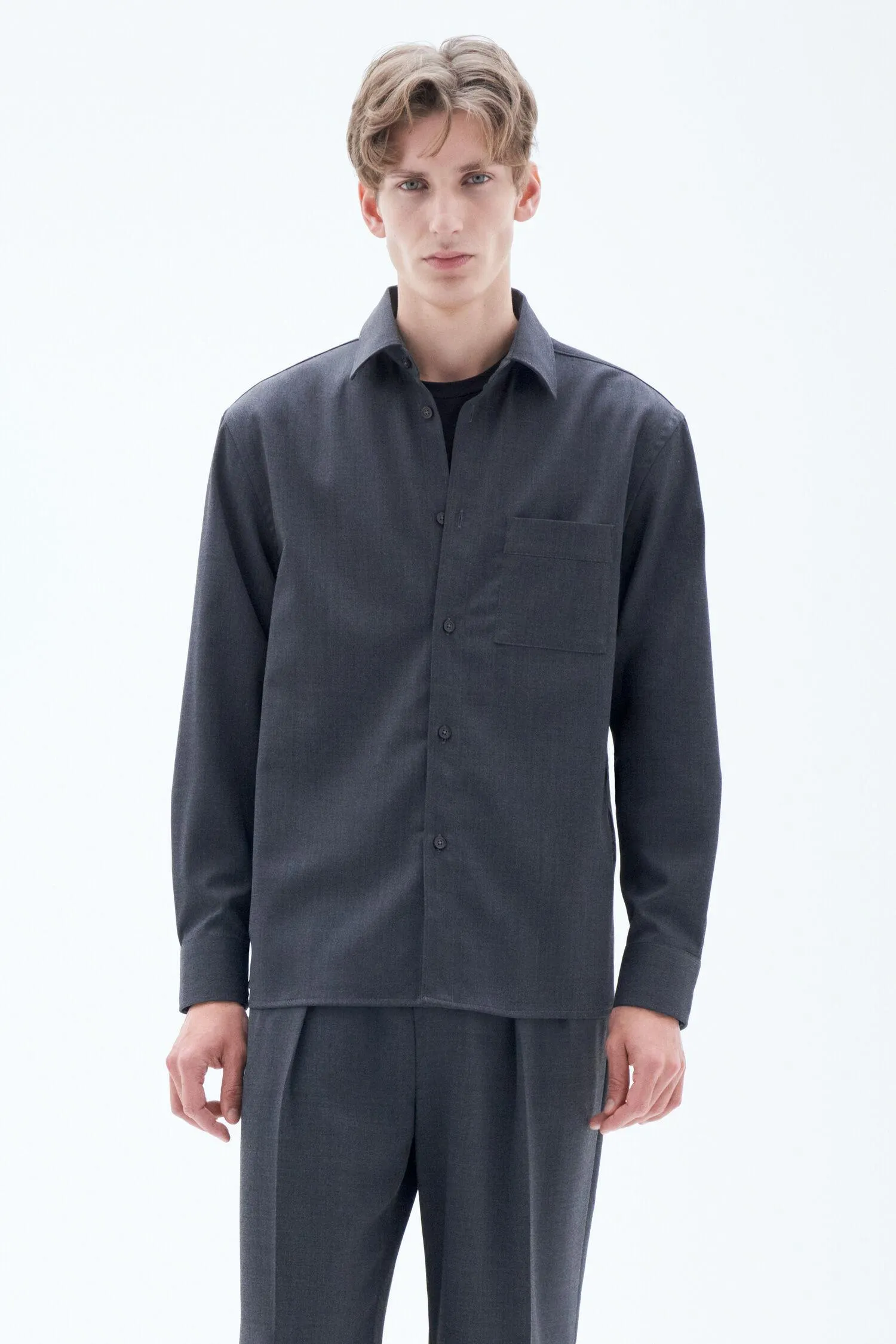 Boxy Wool Twill Shirt Dk. Grey Mel.