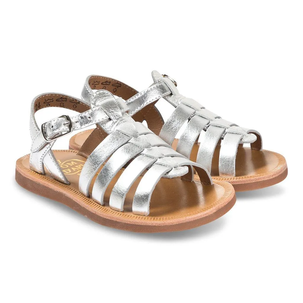 Silver Leather Plagette Strap Leather Sandals