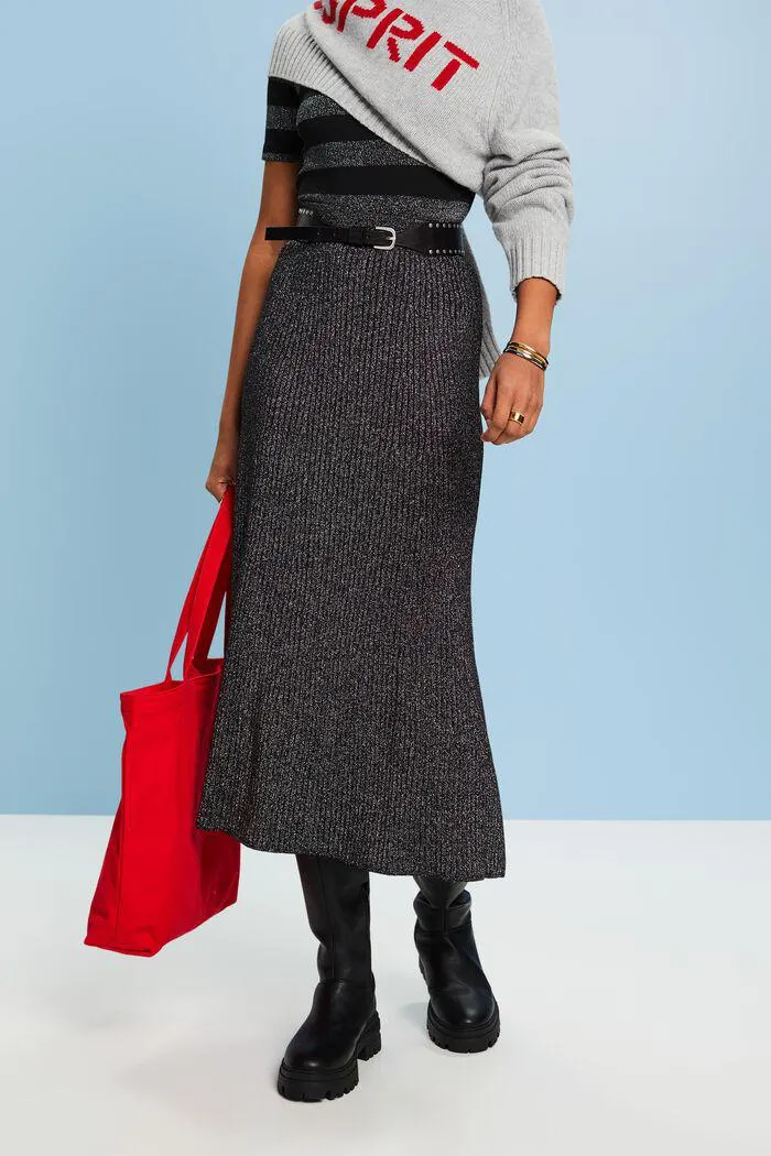 Lamé Rib-Knit Midi Skirt