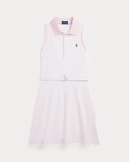 Belted Striped Knit Oxford Polo Dress