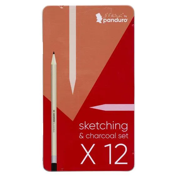 H.C. Andersen-sett med skisseblyanter – 9 grafittblyanter, 2 kullblyanter og 1 tegnestubb
