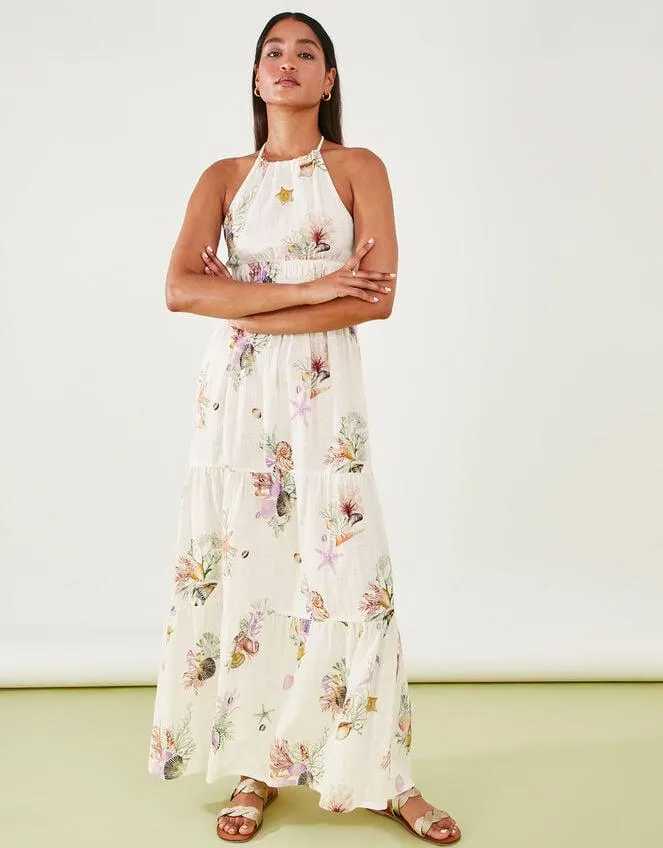 Print Halter Neck Dress Ivory