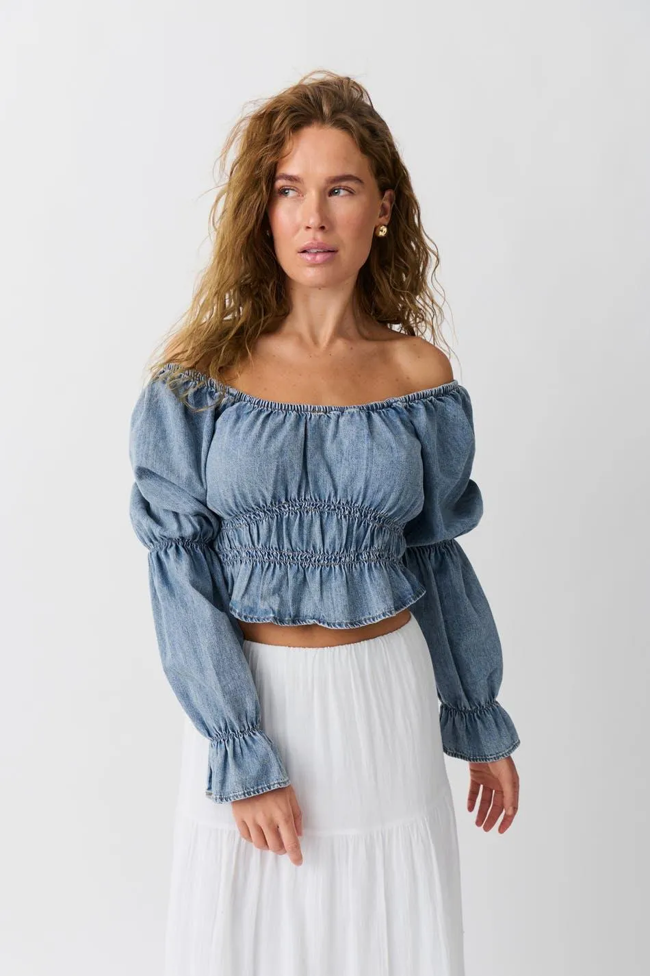 Puff sleeve denim blouse