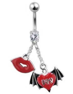 Stilig Piercing til Navle med Lepper og Hjerte med Vinger - Rød/Svart