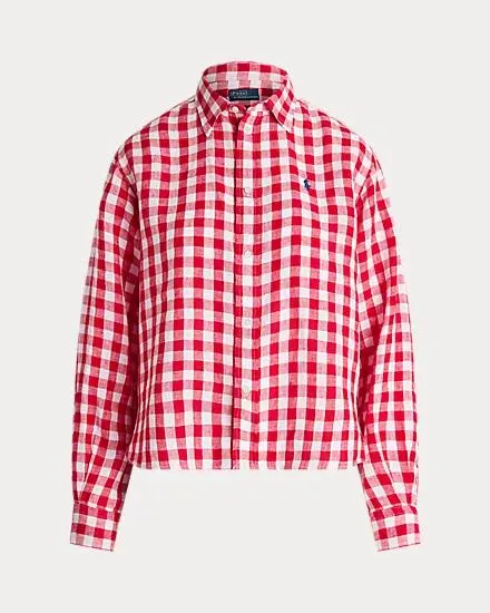 Wide Cropped Gingham Linen Shirt