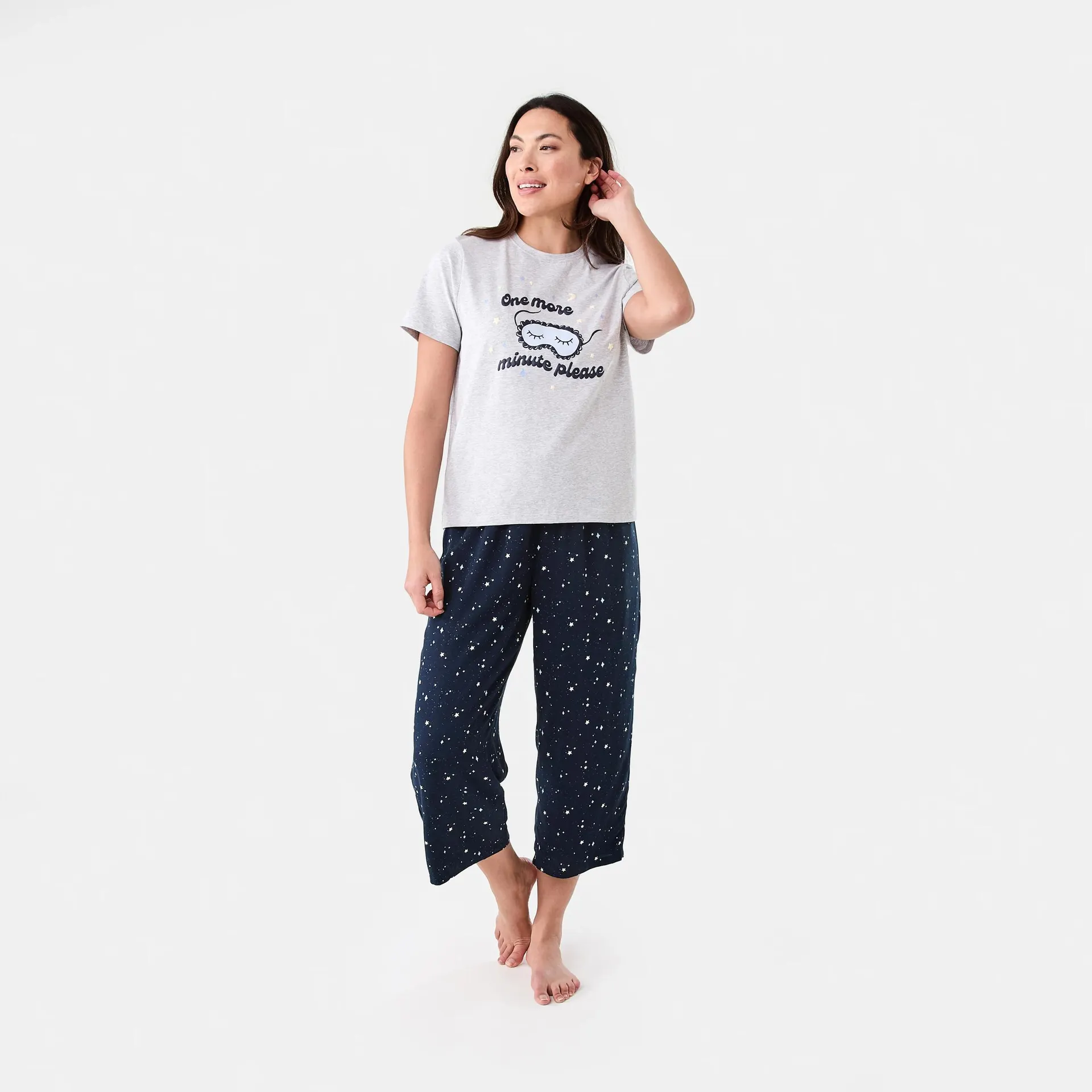 Print Knit T-shirt and 3/4 Woven Pants Pyjama Set