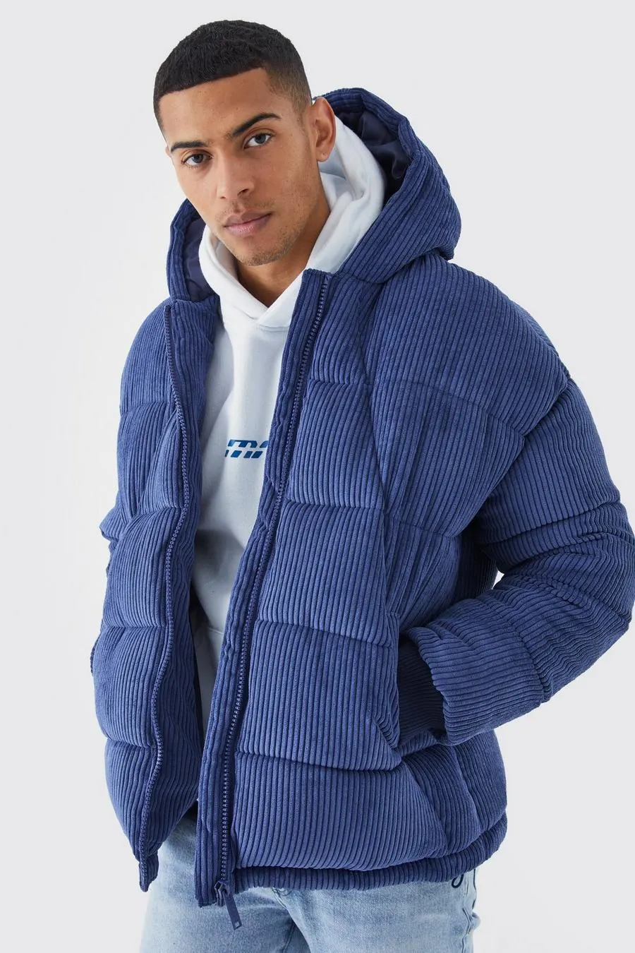 Cord Panelled Hooded Puffer