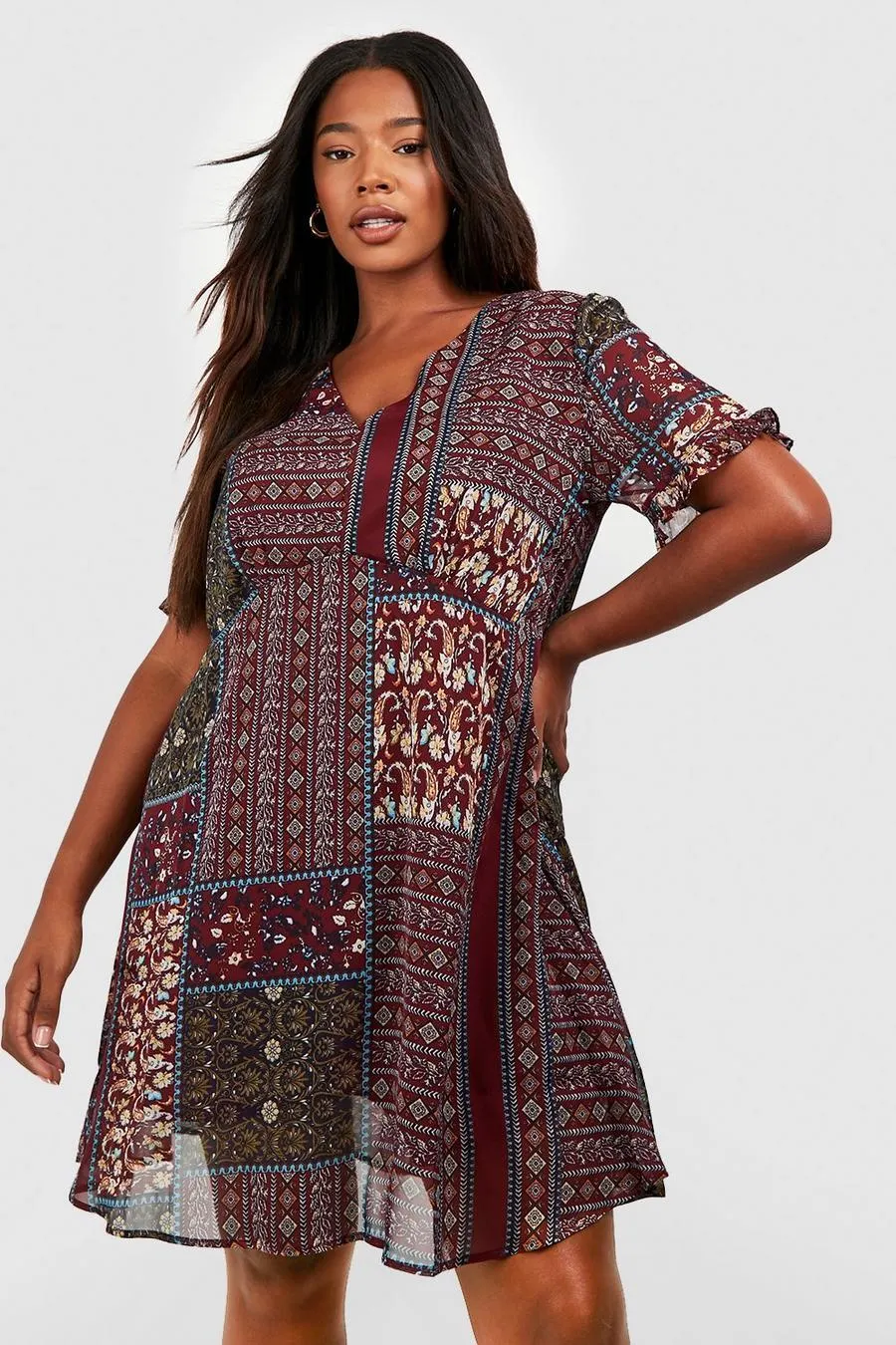 Plus Boho Aztec Ruffle Smock Dress