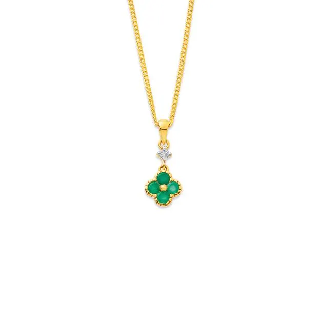 9ct Emerald and Diamond Clover Drop Pendant