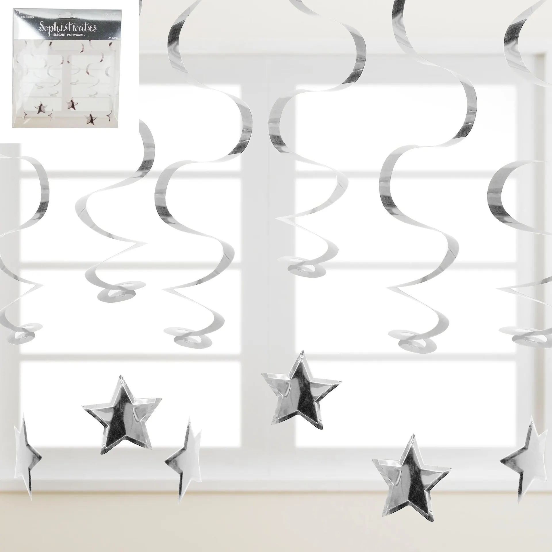 Metallic Silver Swirl Hanging Decoration w/Star 6pk