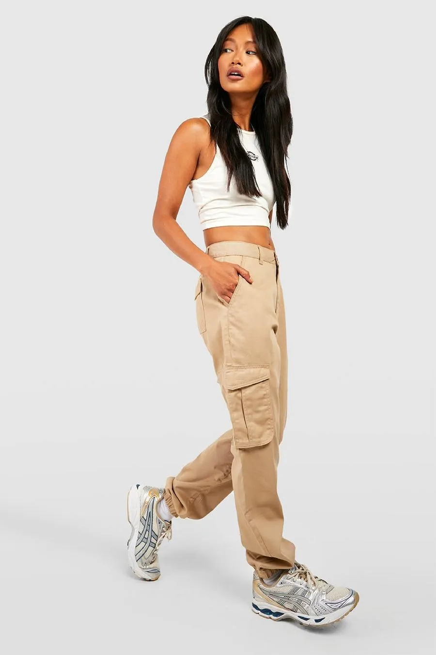 High Waisted Twill Cargo Joggers