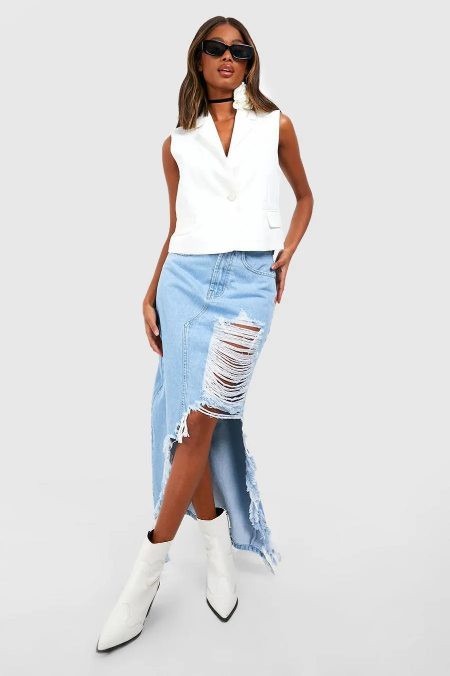 Ripped Split Detail Denim Maxi Skirt