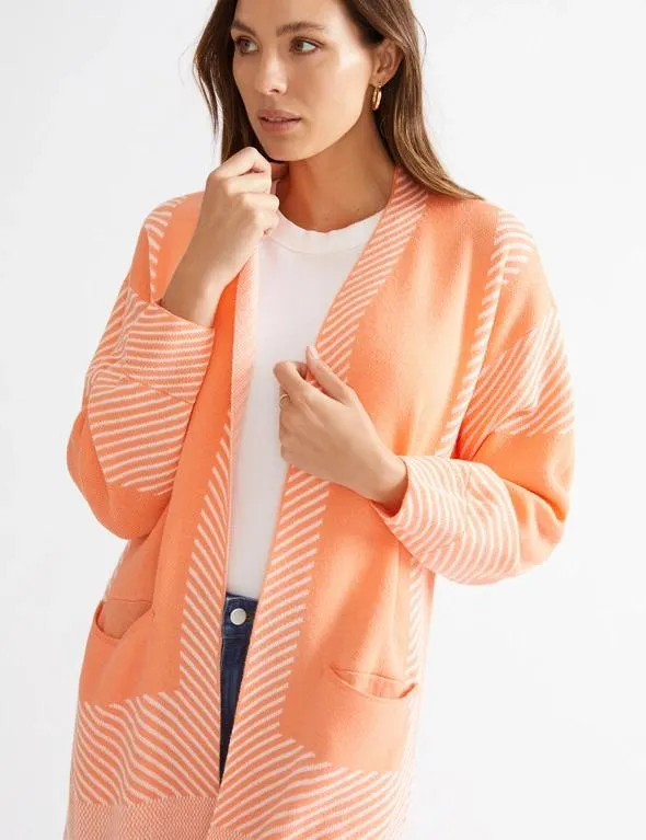 Katies Long Sleeve Edge To Edge Intarsia Designed Coatigan