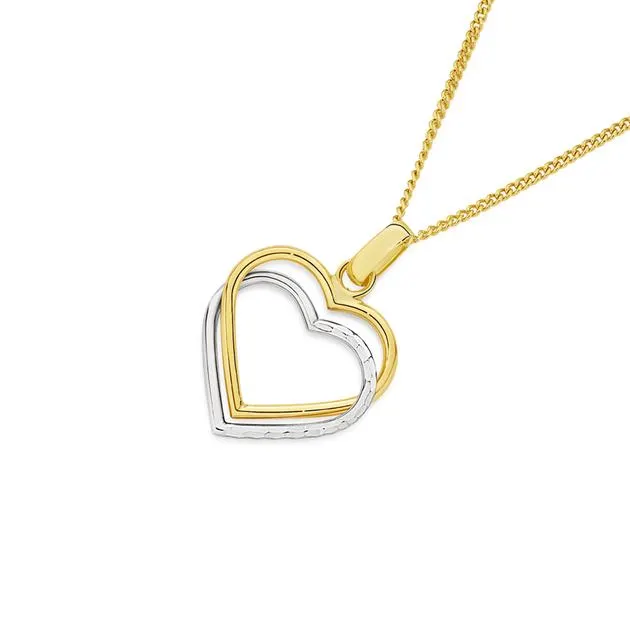 9ct Gold Two Tone Diamond-Cut & Polished Double Open Heart Pendant