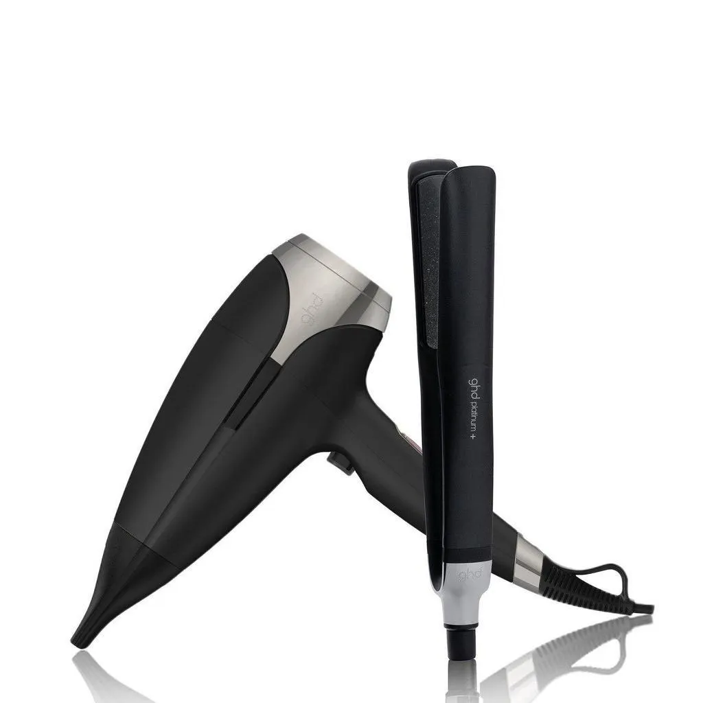 GHD PLATINUM+ HAIR STRAIGHTENER & GHD HELIOS HAIR DRYER IN BLACK BUNDLE