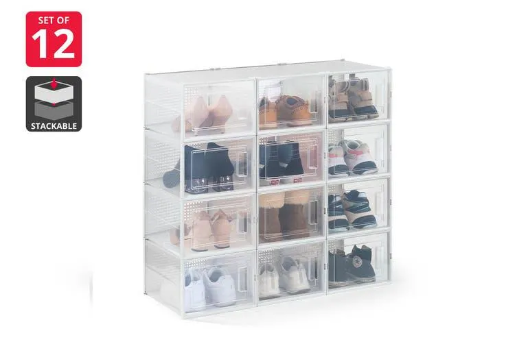 Ovela Set of 12 Click Shoe Storage Box (Large, Clear/White)