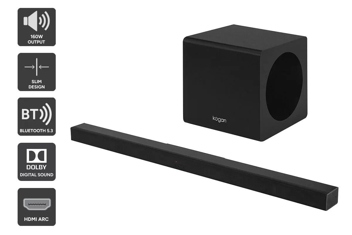 Kogan 2.1 Channel 160W Dolby Slim Soundbar with Wireless Subwoofer