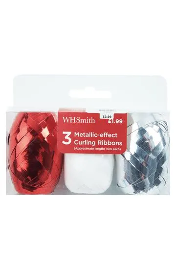 WHSmith Metallic-Effect Curling Ribbon Red, White & Silver Pack of 3