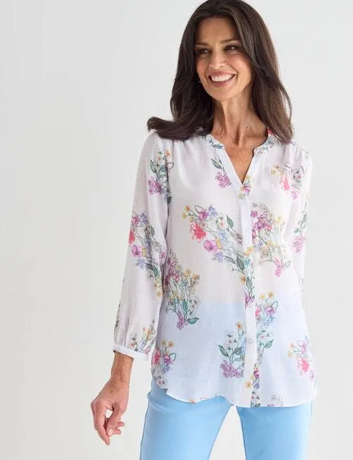 Ella J Vintage Print Pleat Detail Shirt, White
