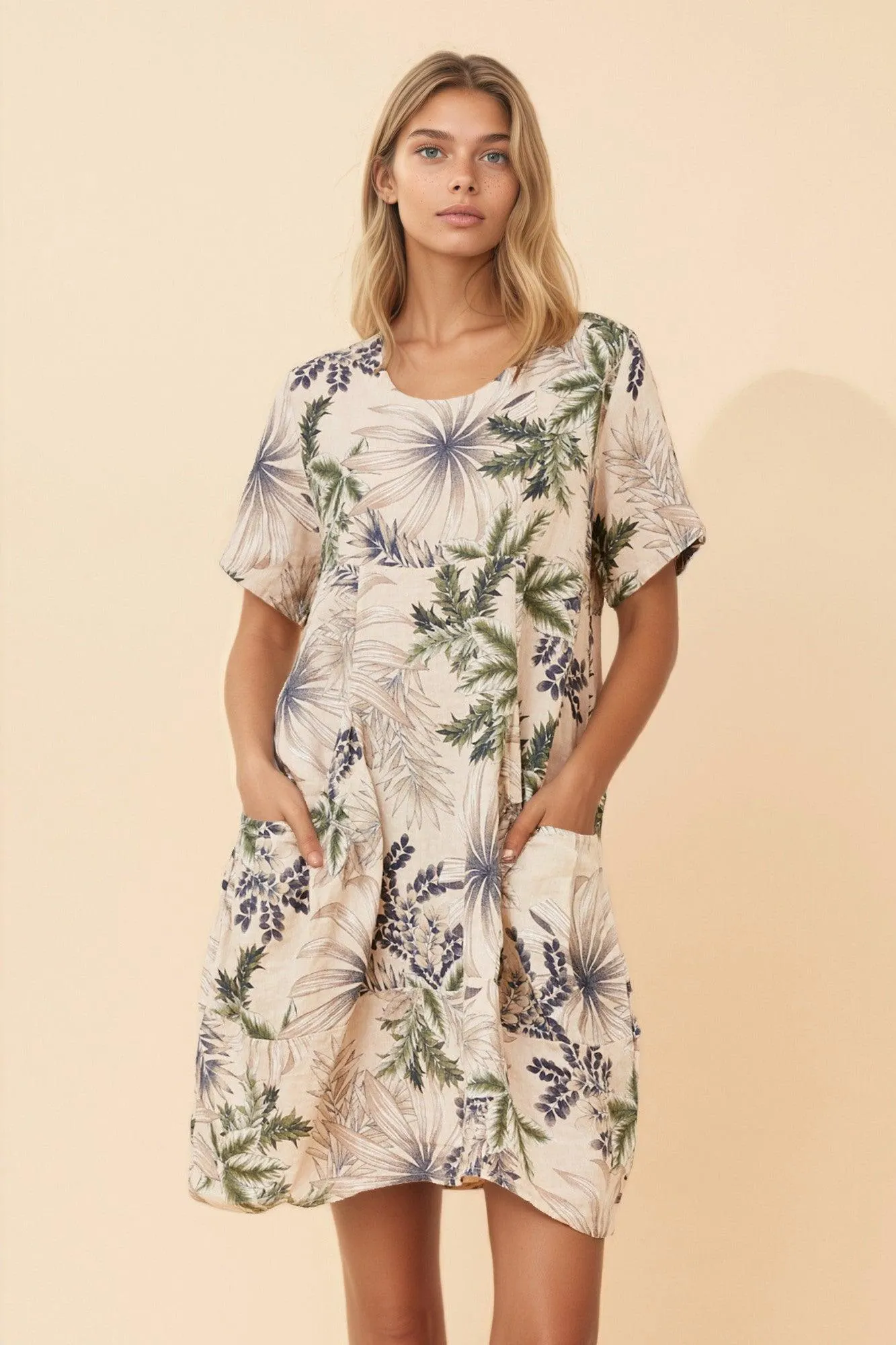 EUDORA LEAF PRINT LINEN DRESS