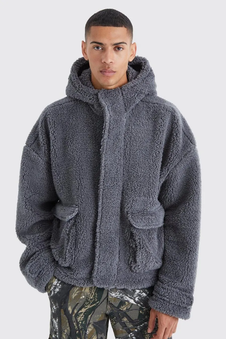 Oversized Boxy Boucle Borg Zip Thru Cargo Hoodie