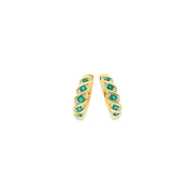 9ct Emerald and Diamond Twist Hoop Earrings